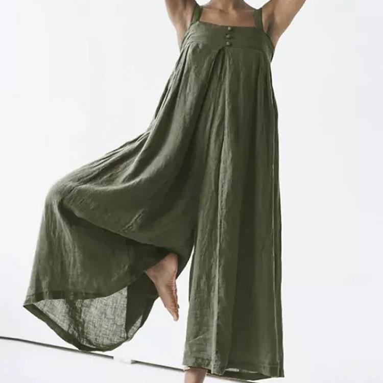Women's cotton and linen solid color casual jumpsuit