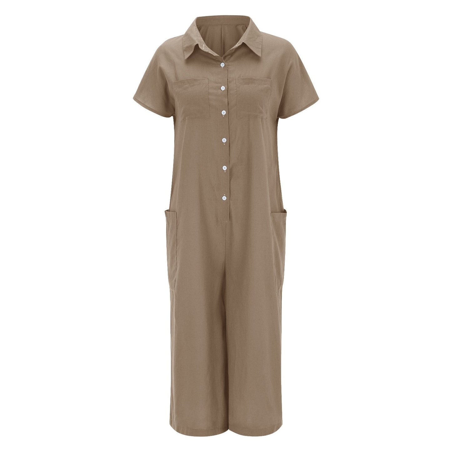 Women's solid color casual short-sleeved mid-length cotton linen shirt jumpsuit