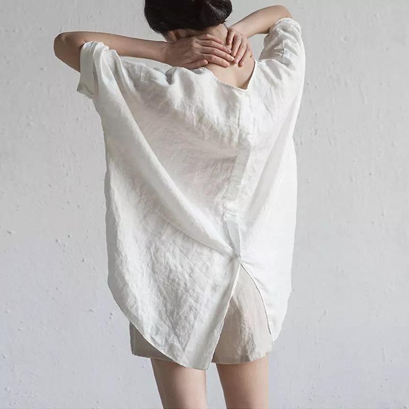 Round Neck Cotton Linen Half Sleeve Casual Pullover Top