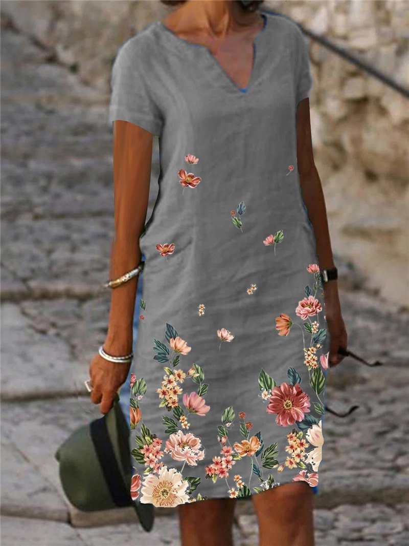 Floral Print Cotton Linen Short-Sleeve Mid-Length V-Neck Dress