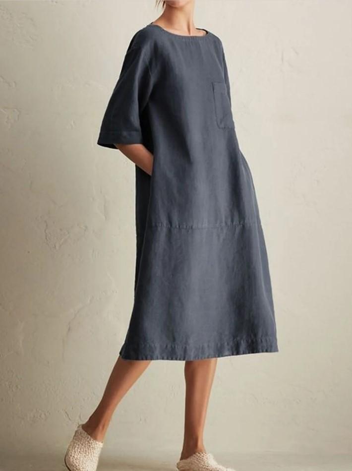 Casual Crew Neck Mid-Rise Pocket Dress