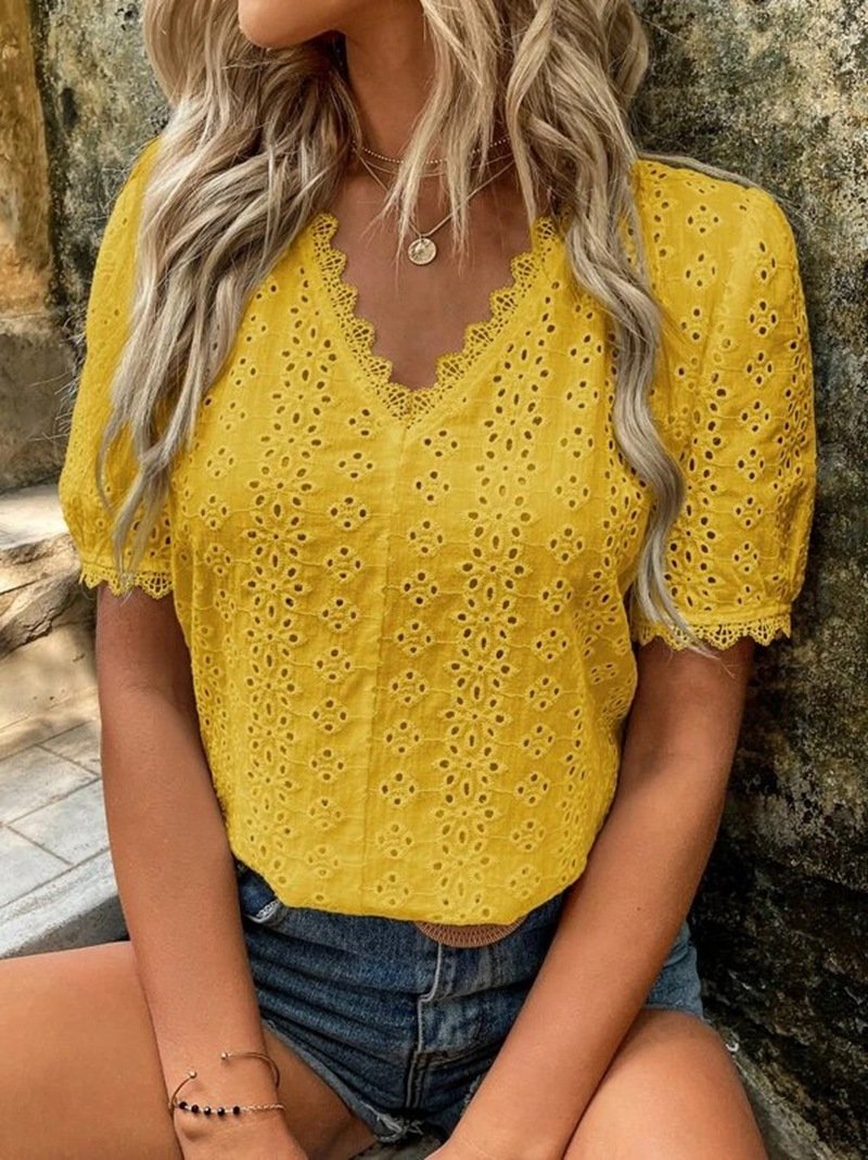 women's solid color short sleeve hollow shirt