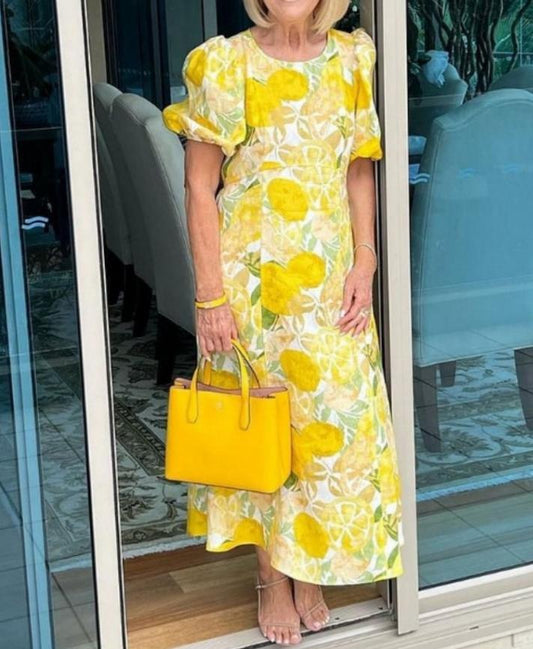 Printed Round Neck Slim Long Puff Sleeve Midi Dress