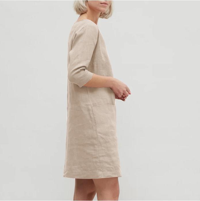 Half Sleeve Solid Color Round Neck Pocket Casual Dress