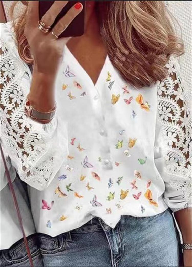 V-neck lace top print stitching long-sleeved shirt