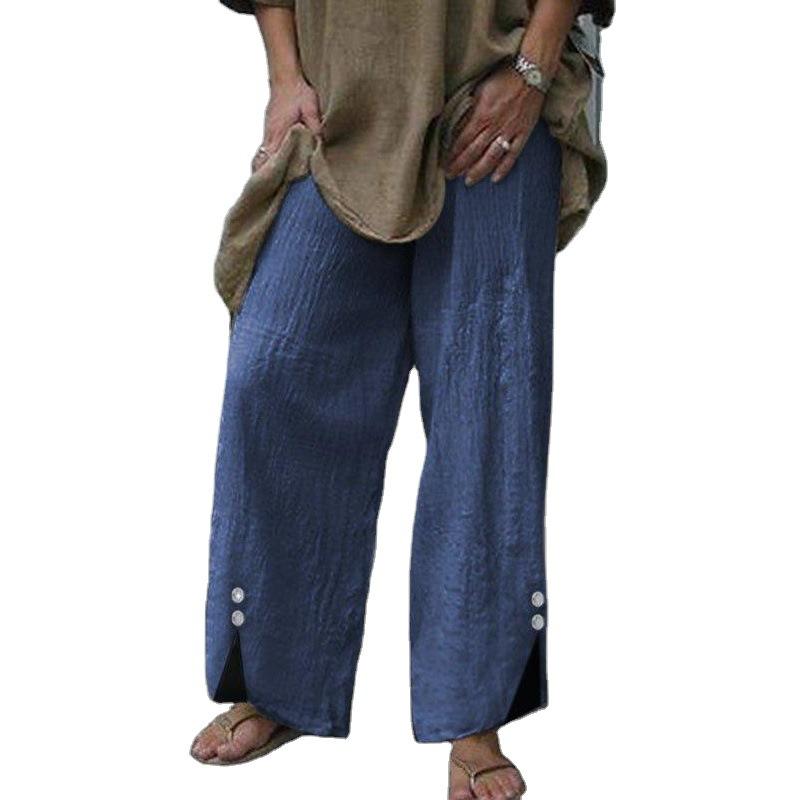 New Loose Beach Pants Solid Color Button Wide Leg Casual Trousers