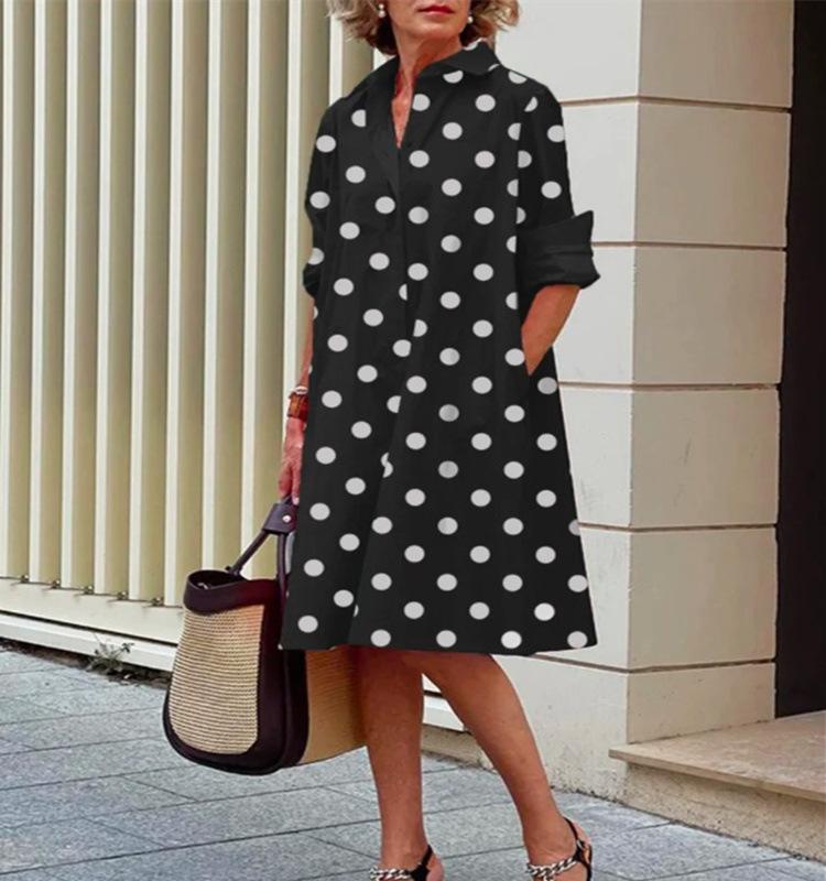 Polka-dot print shirt collar long-sleeved pocket midi dress