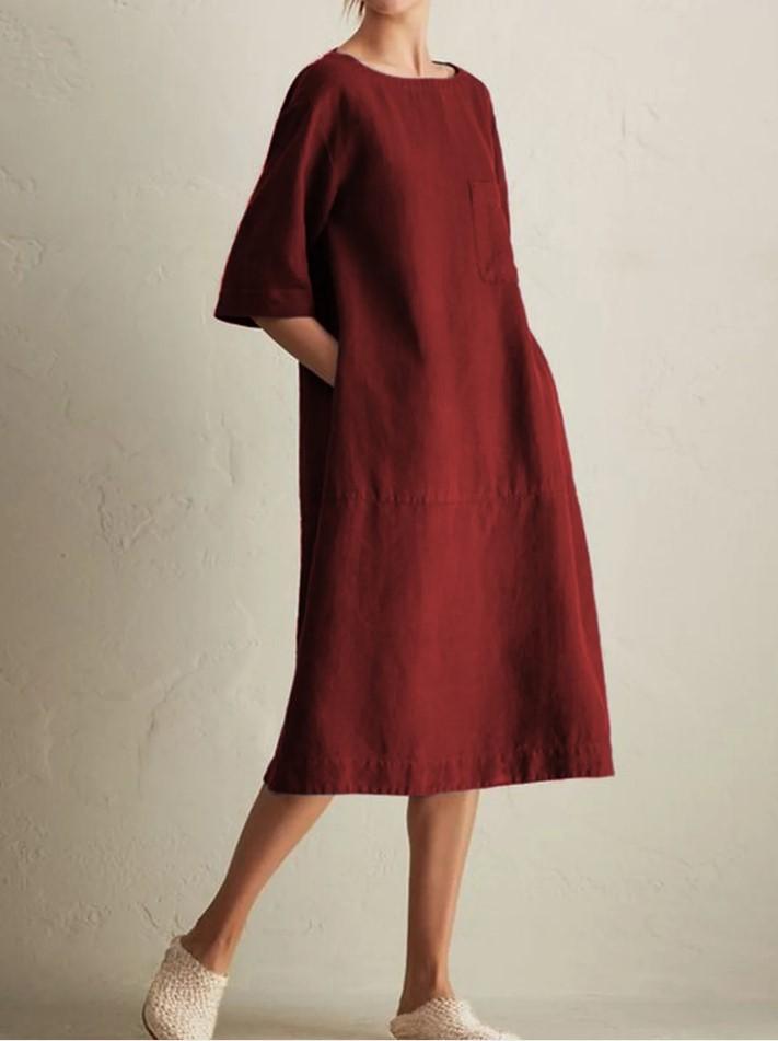Casual Crew Neck Mid-Rise Pocket Dress