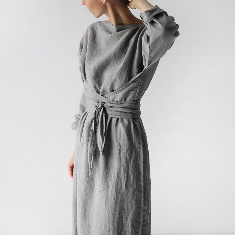 Ladies cotton linen loose tie long dress