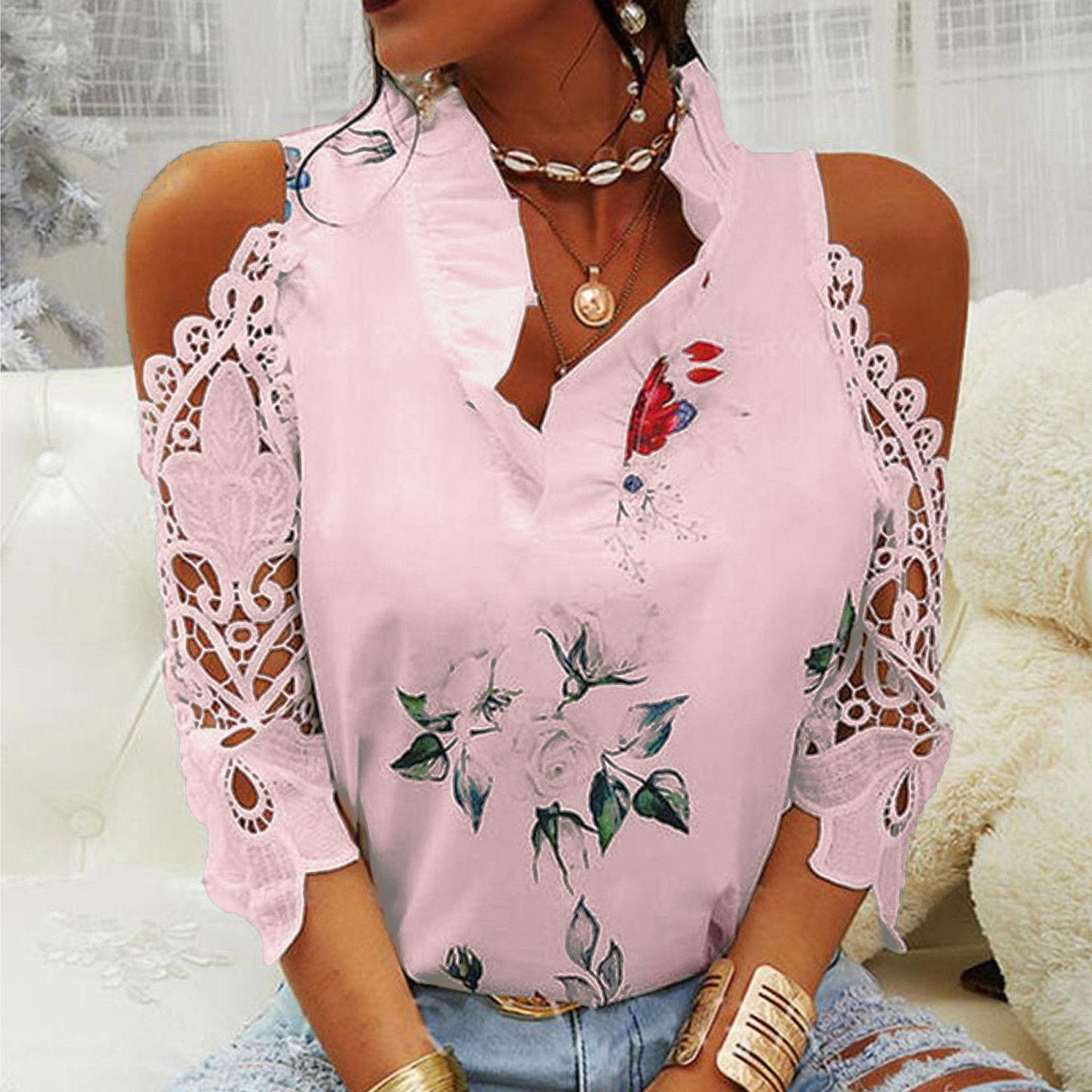 Women's Top Flower Print Off Shoulder Lace Panel Long Sleeves