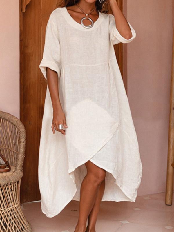 Casual cotton linen round neck solid color three-quarter sleeves loose mid-length dress