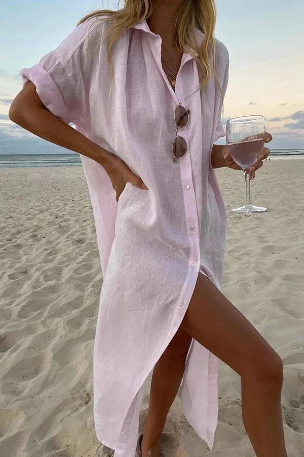 Solid color casual long-sleeved mid-length cotton linen shirt dress