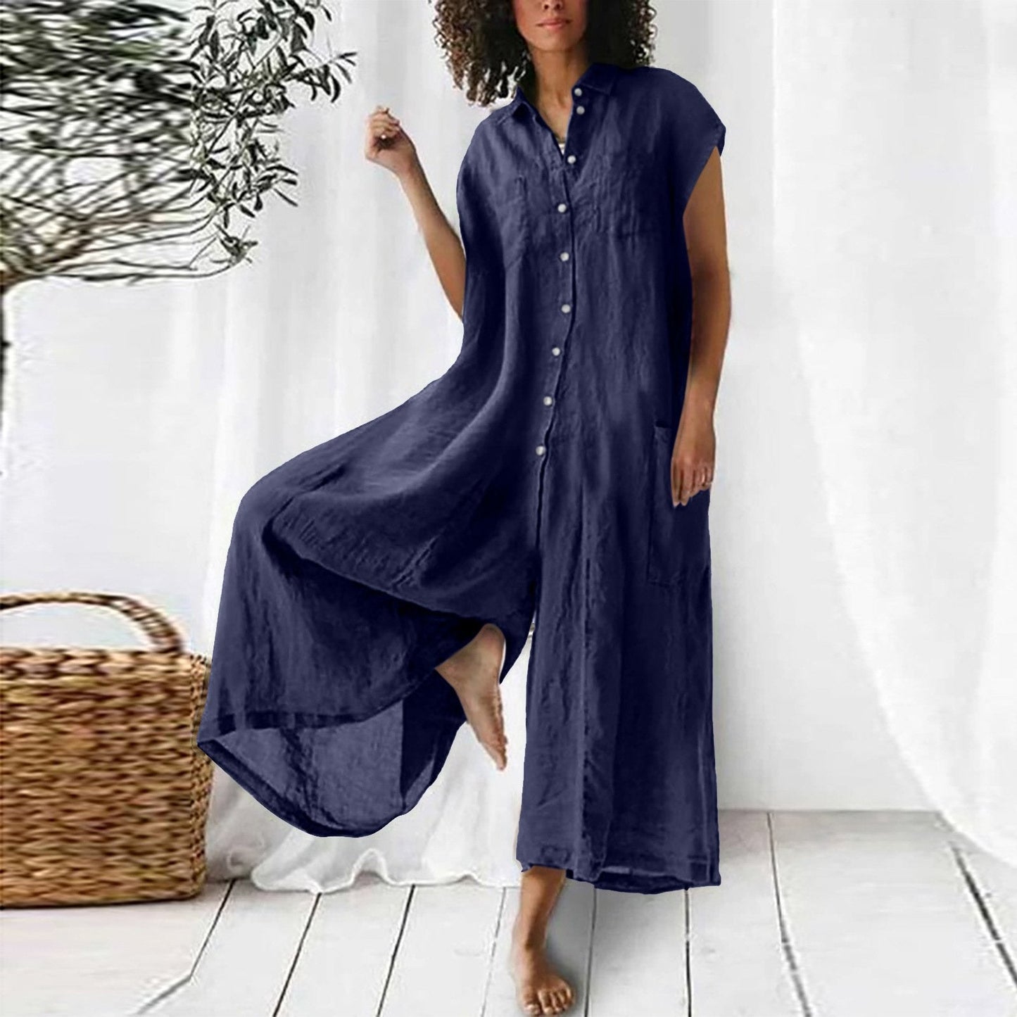 Women's solid color casual short-sleeved mid-length cotton linen shirt jumpsuit