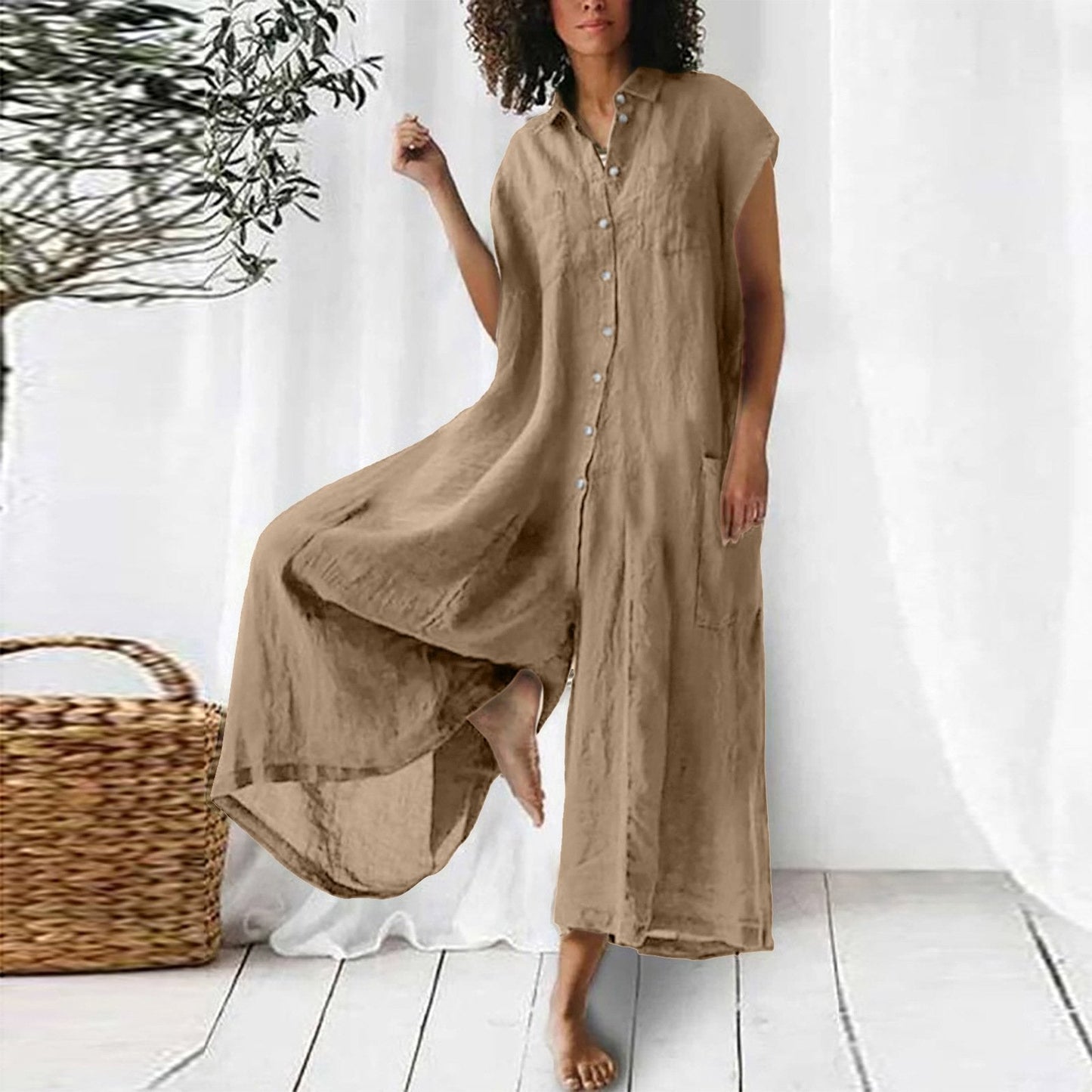 Women's solid color casual short-sleeved mid-length cotton linen shirt jumpsuit