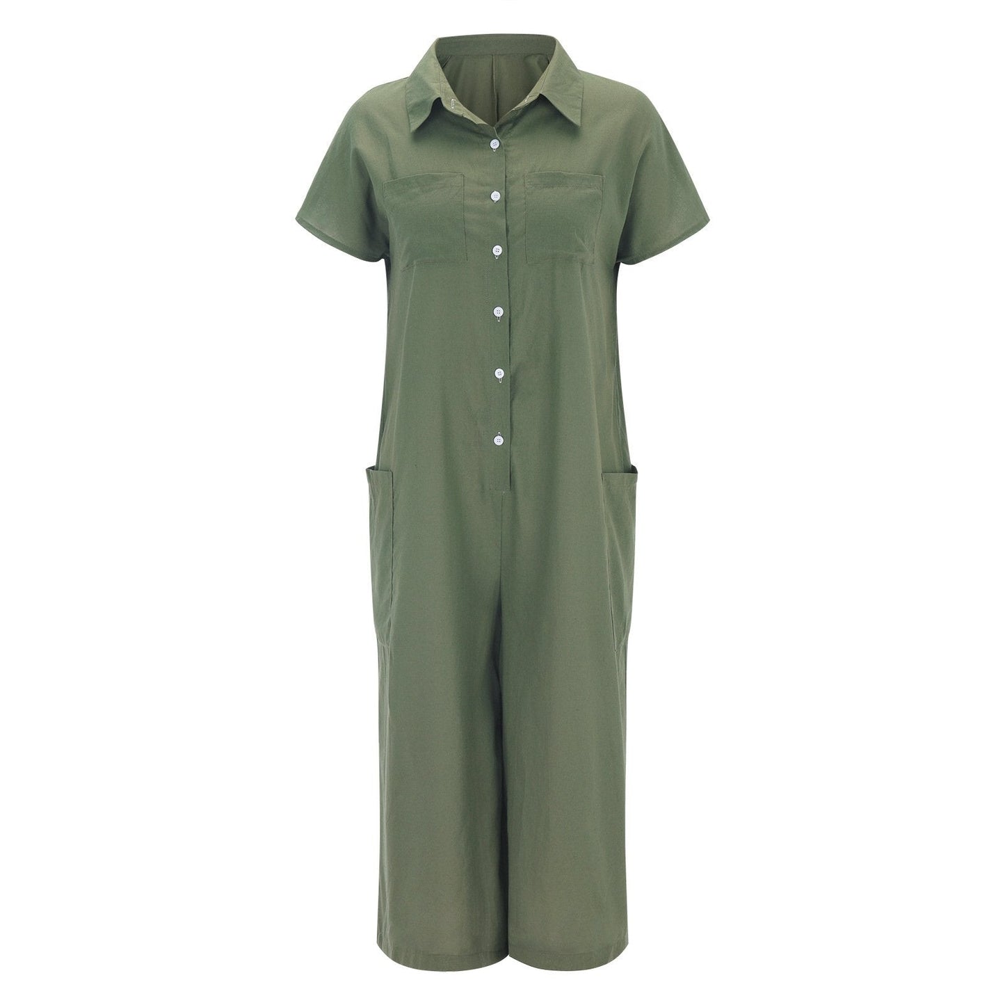 Women's solid color casual short-sleeved mid-length cotton linen shirt jumpsuit