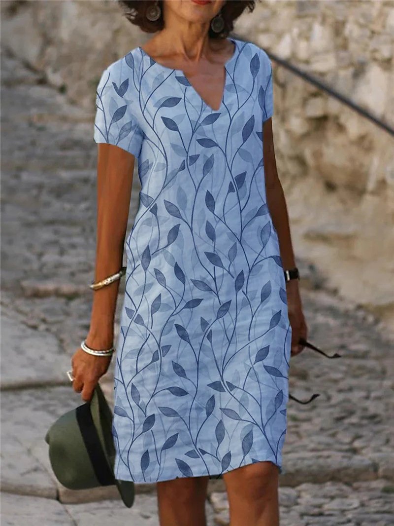 Printed cotton and linen short-sleeved V-neck mid-length dress
