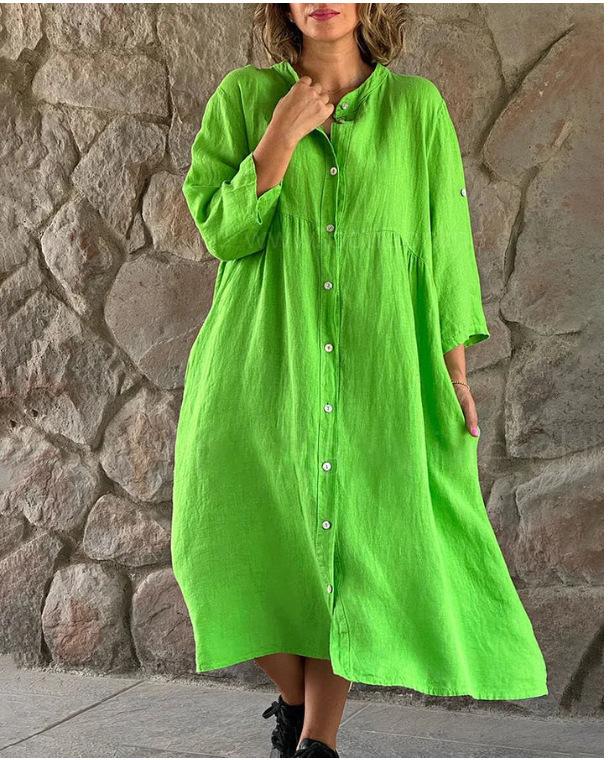 Cotton linen solid color casual stand collar button long dress