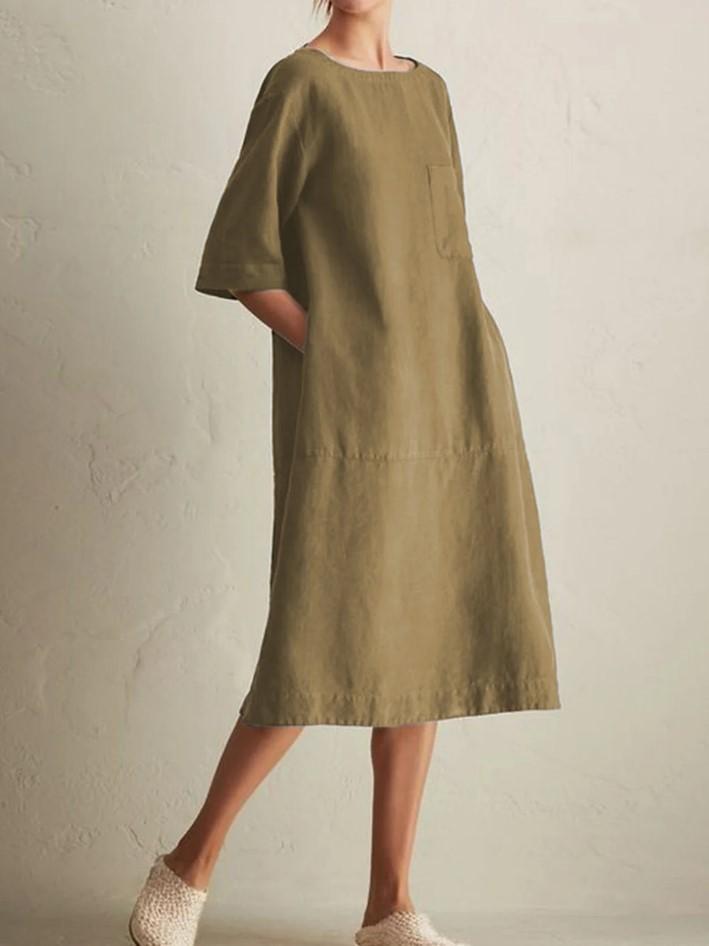 Casual Crew Neck Mid-Rise Pocket Dress