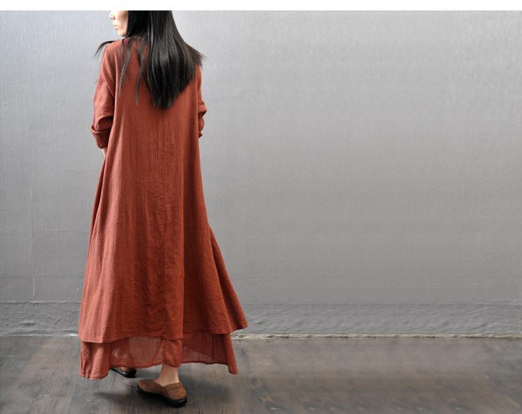 Casual loose fake two-piece long-sleeved cotton and linen dress