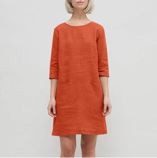 Half Sleeve Solid Color Round Neck Pocket Casual Dress