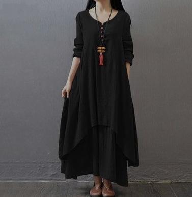Casual loose fake two-piece long-sleeved cotton and linen dress