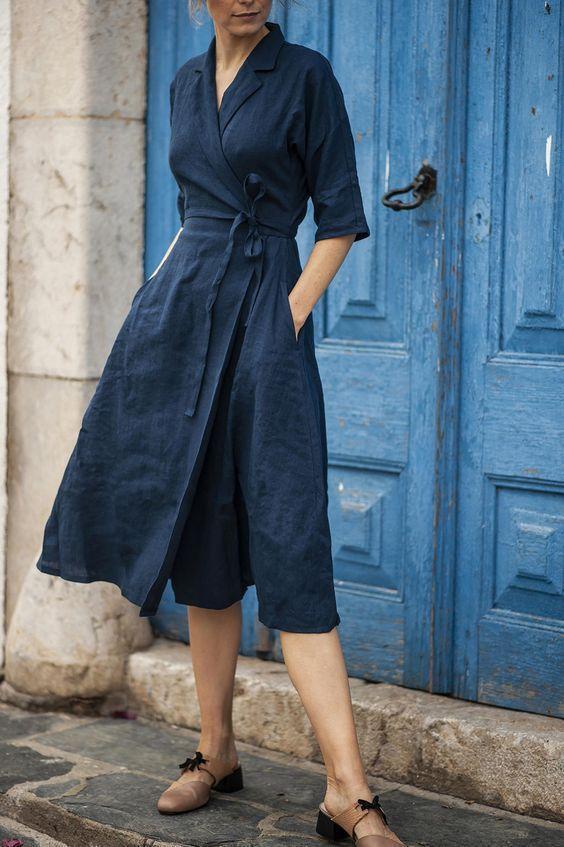 WOMEN'S COTTON LINEN BELTED LAPEL DRESS