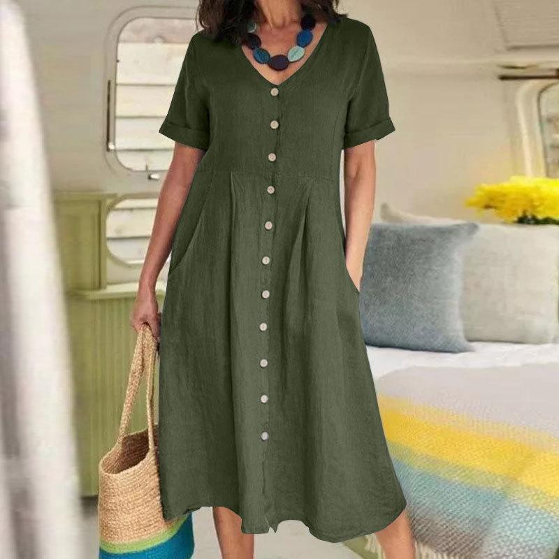Solid color loose high waist cotton linen dress