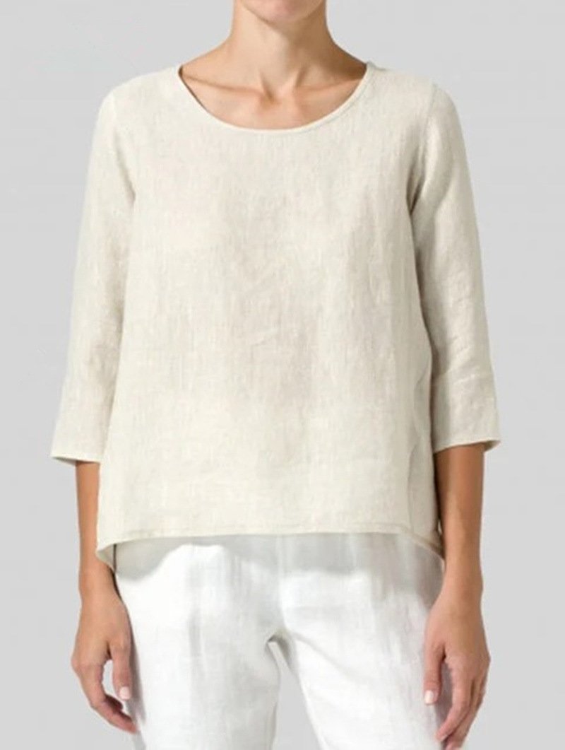 Cotton linen plus size women's three quarter sleeve casual top