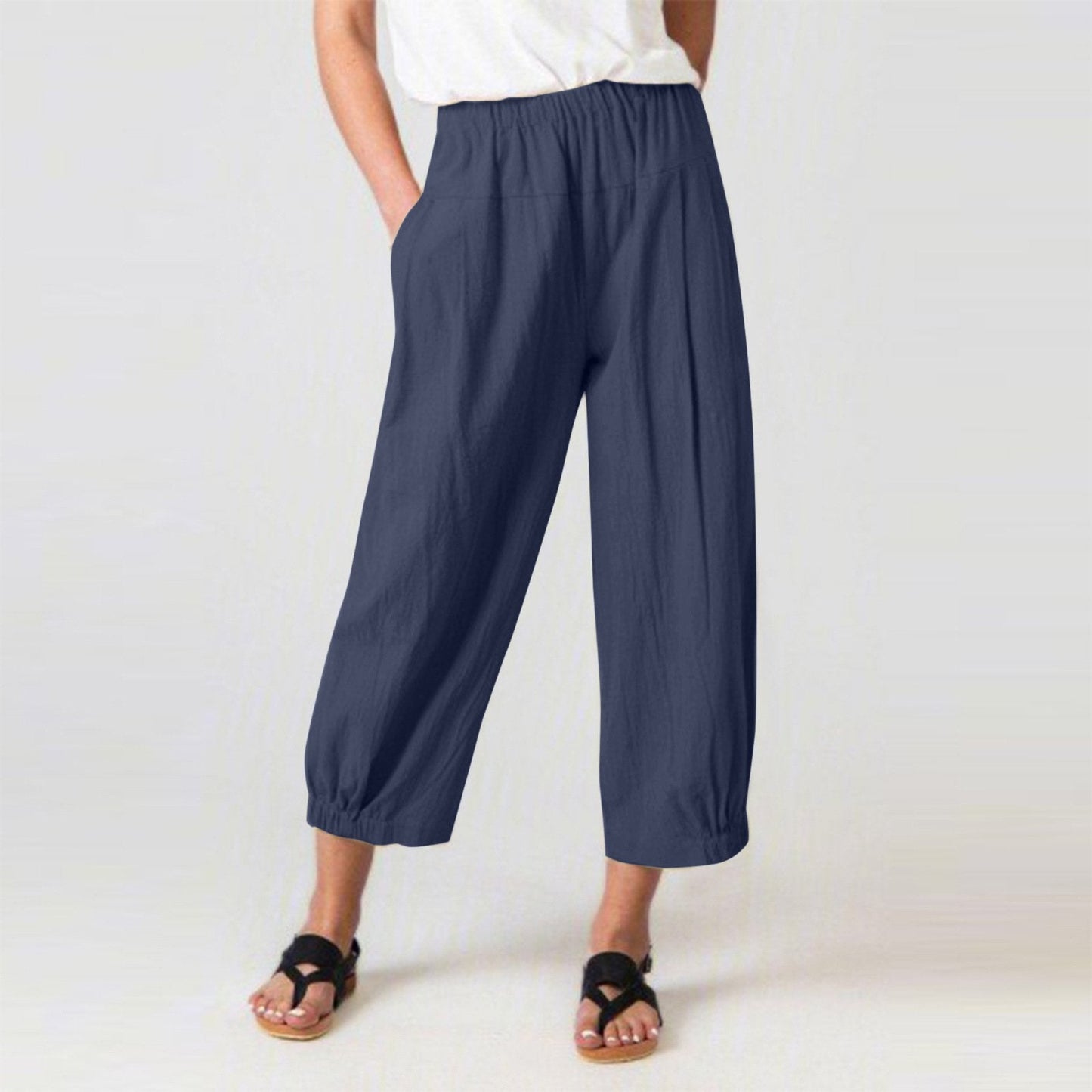 Loose harem high waist cotton linen cropped wide-leg women's pants
