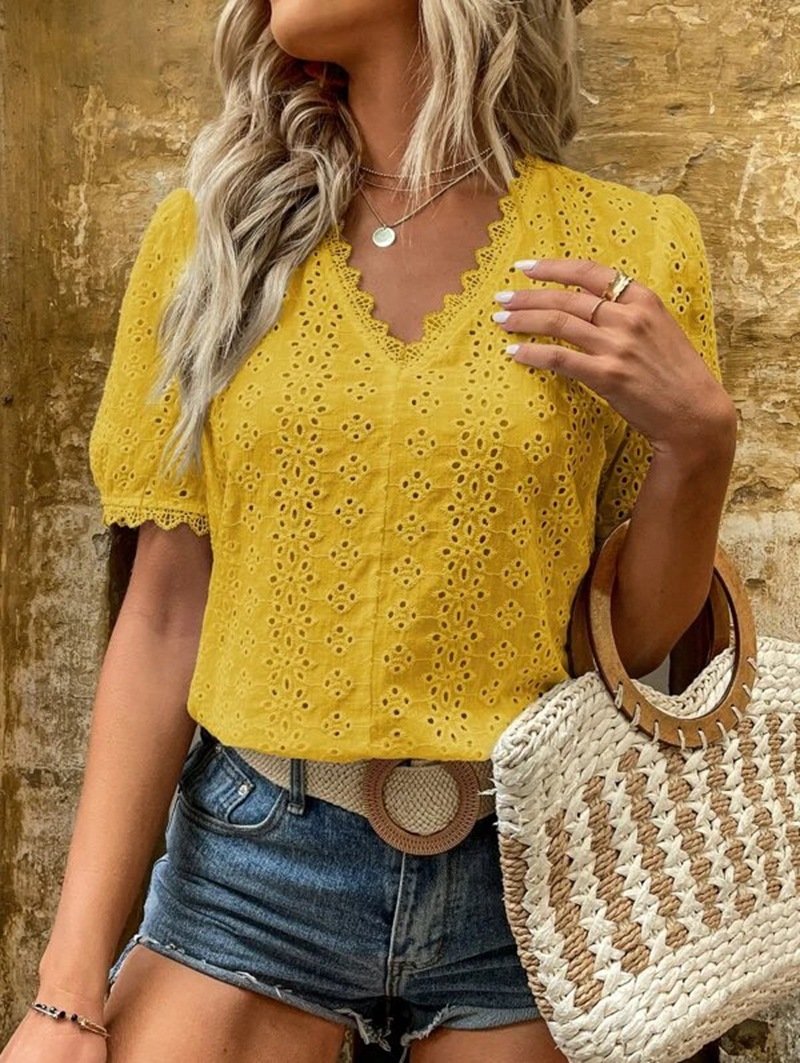 women's solid color short sleeve hollow shirt