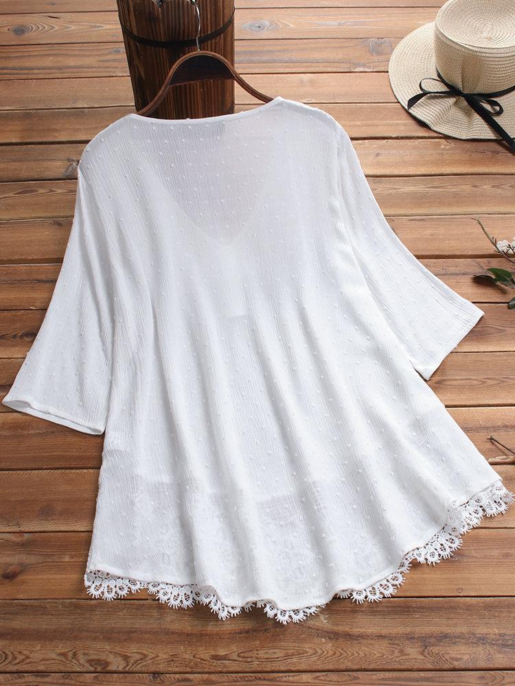 Plus Solid V Neck Lace Trim Long Sleeve Blouse