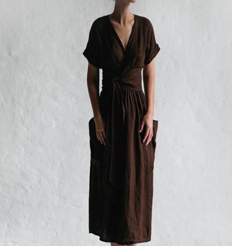 V Neck Short Sleeve Pocket Solid Color Cotton Linen Dress