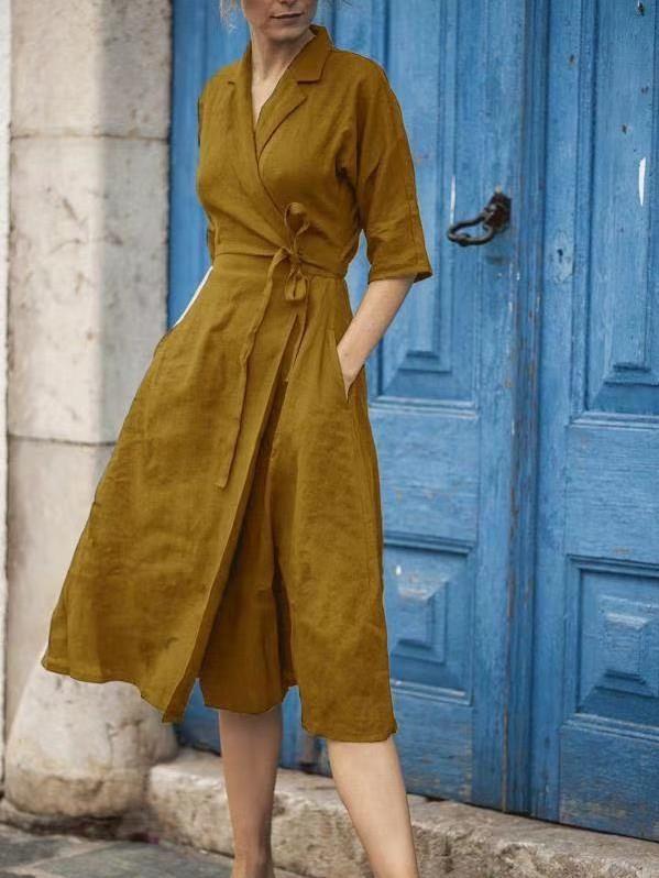 WOMEN'S COTTON LINEN BELTED LAPEL DRESS
