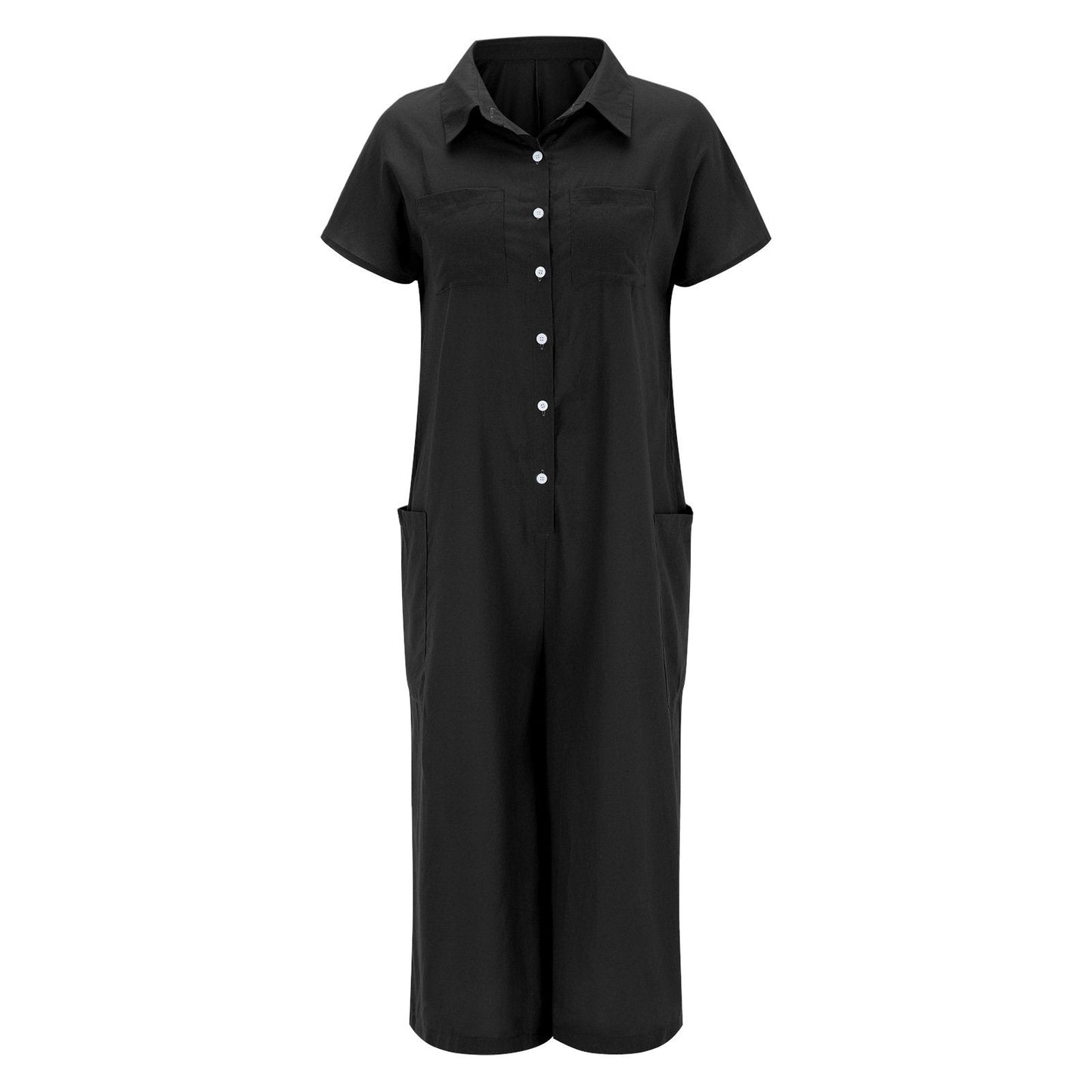 Women's solid color casual short-sleeved mid-length cotton linen shirt jumpsuit