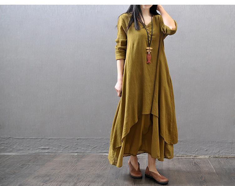 Casual loose fake two-piece long-sleeved cotton and linen dress