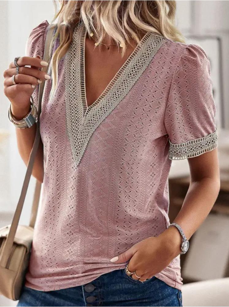 V-Neck Lace Cutout Short Sleeve Shirt