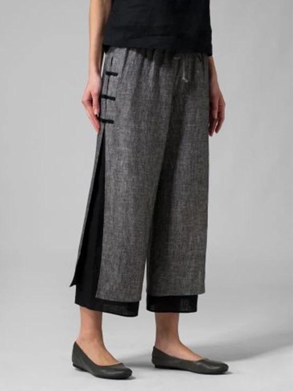 Color-block buckle casual cropped flared slit pants