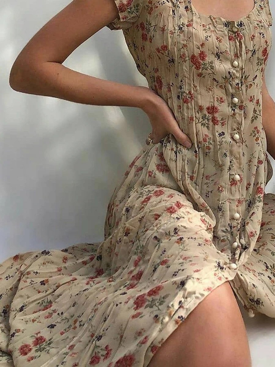 Women's single breasted floral short sleeve dress