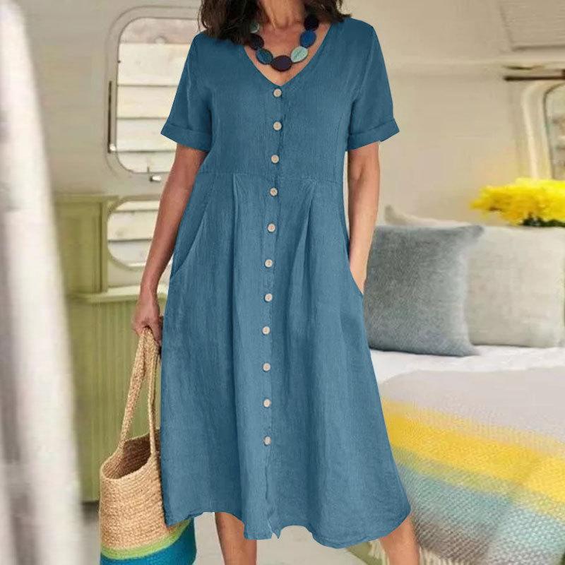 Solid color loose high waist cotton linen dress