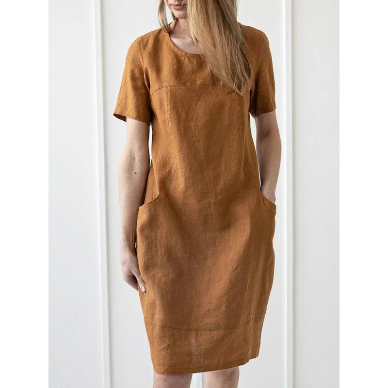 Retro large size solid color cotton and linen slim mid-length short-sleeved dress