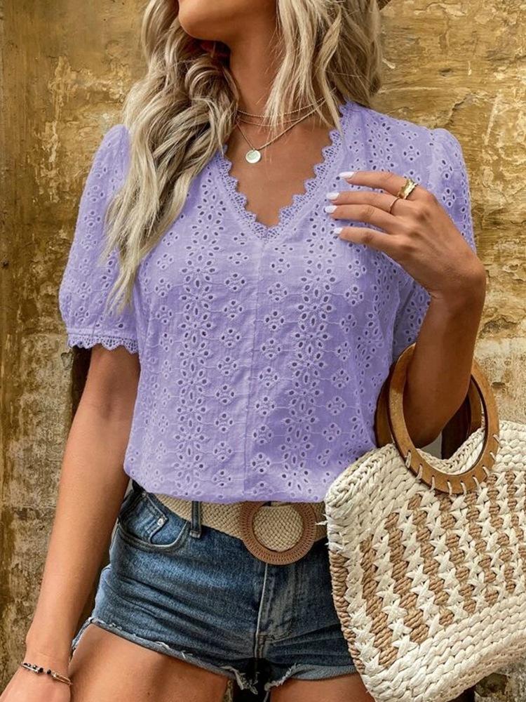 women's solid color short sleeve hollow shirt