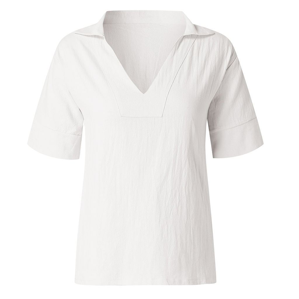 V-neck linen short-sleeved blouse