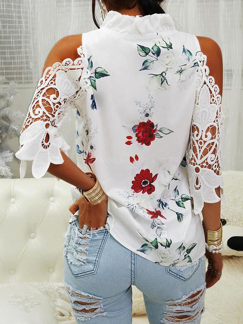 Women's Top Flower Print Off Shoulder Lace Panel Long Sleeves