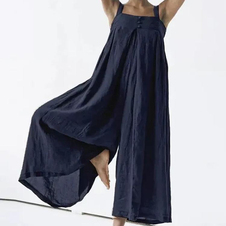 Women's cotton and linen solid color casual jumpsuit