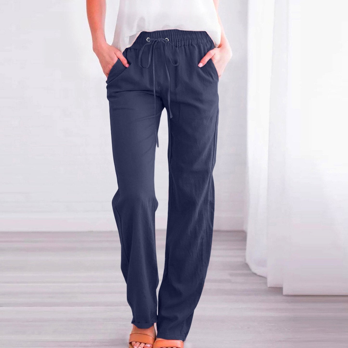 Solid color cotton and linen drawstring loose casual wide-leg trousers