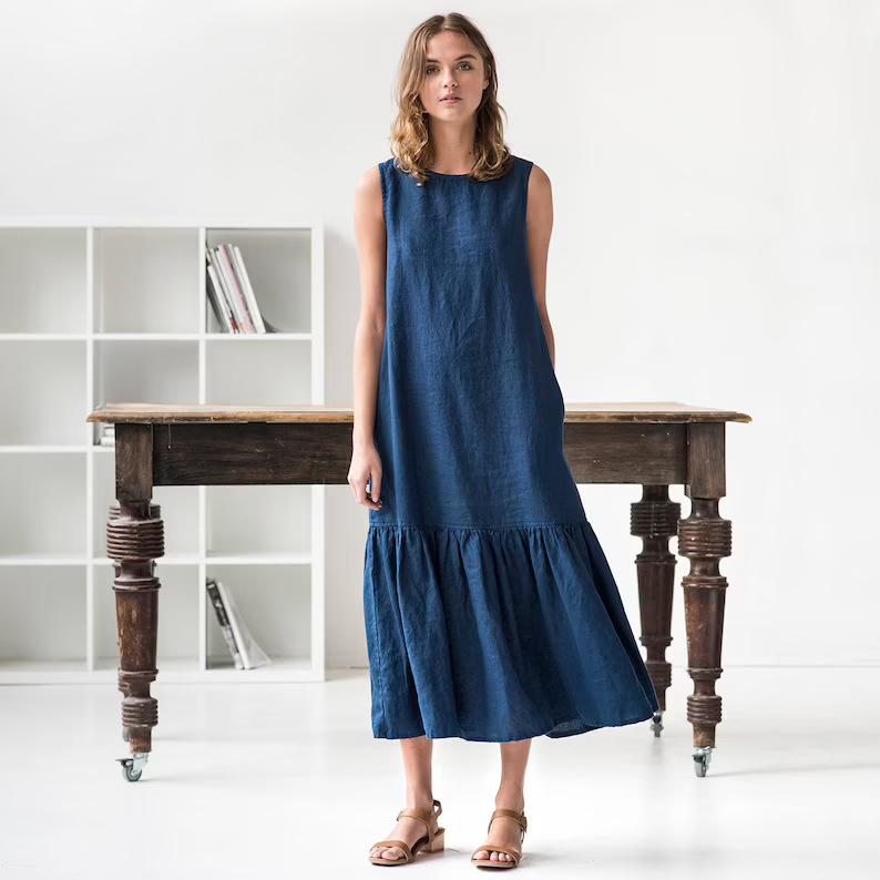 Plus Size Loose Midi Skirt Panel Ruffle Sleeveless Dress