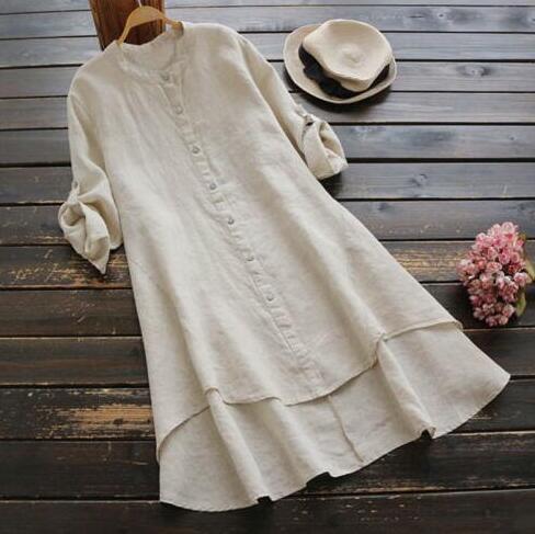 Women's Solid Color Button Cotton Linen Long Sleeve Long Shirt
