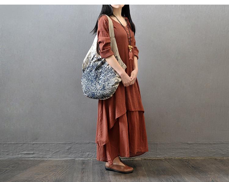 Casual loose fake two-piece long-sleeved cotton and linen dress