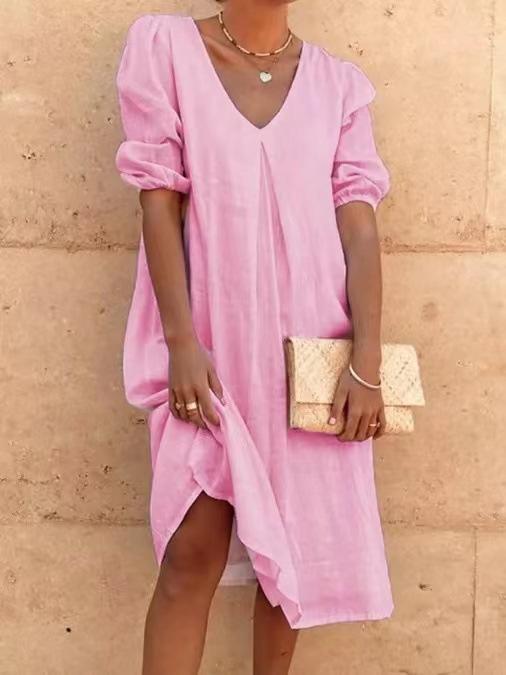 Ladies Solid Color Casual Midi Dress