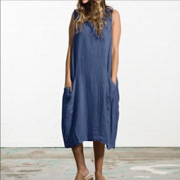 Oversized loose cotton and linen sleeveless midi dress